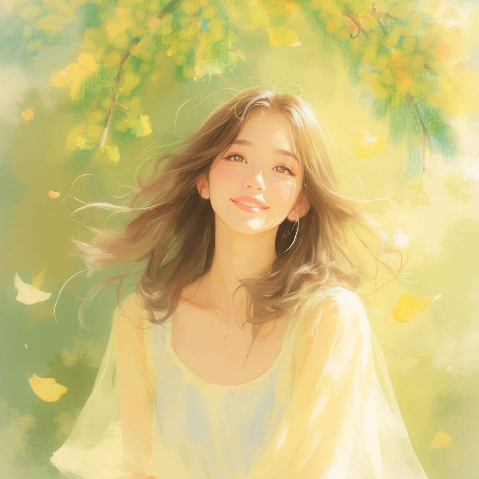 AIイラストのプロンプト - TensorArt：A Smile Beneath the Mimosa Sky