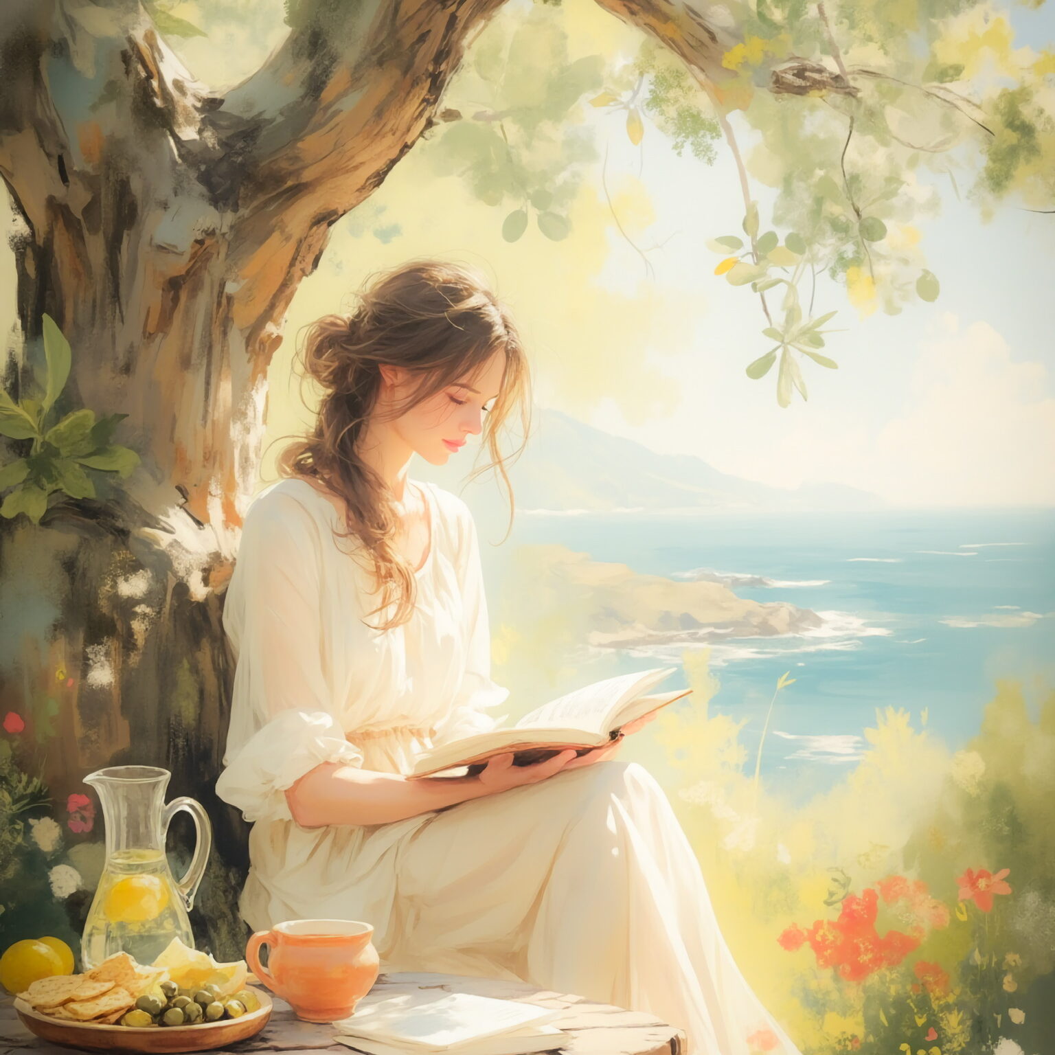 AIイラストのプロンプト - TensorArt：Under the Olive Tree, Beside the Sea