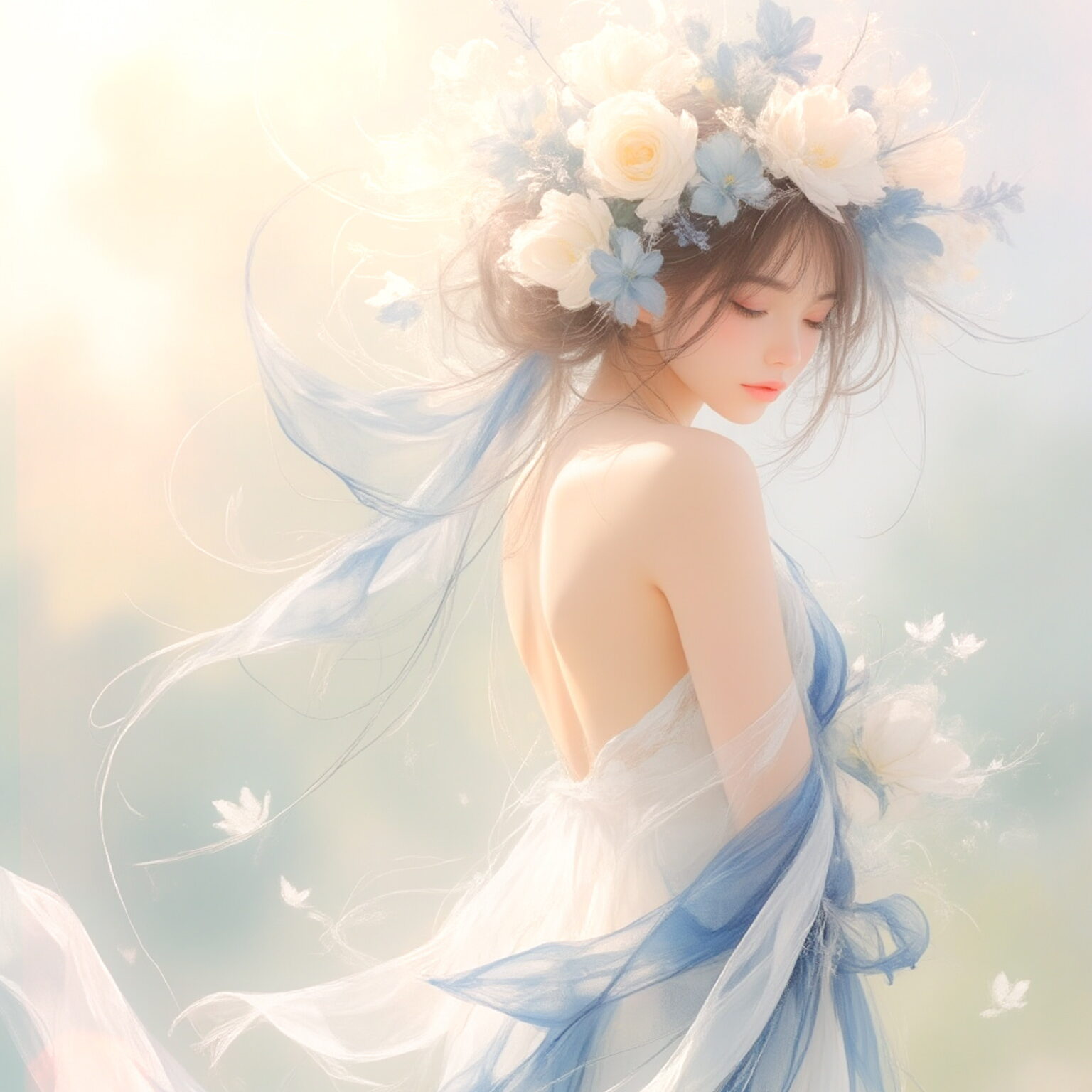 AIイラストのプロンプト - TensorArt：Drifting in a Dream of Azure and White