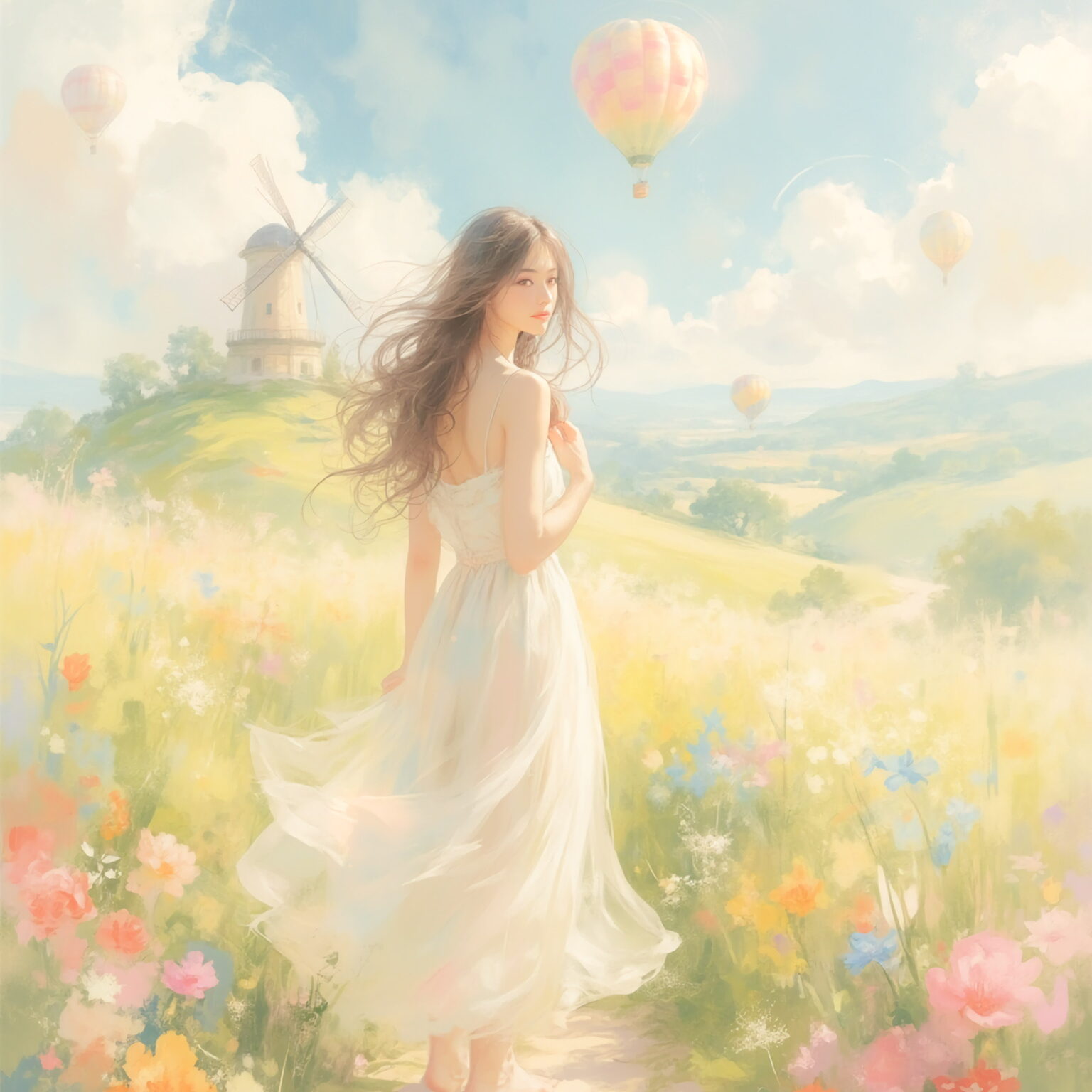 AIイラストのプロンプト - TensorArt：Windmills Beneath the Balloon-Lit Sky