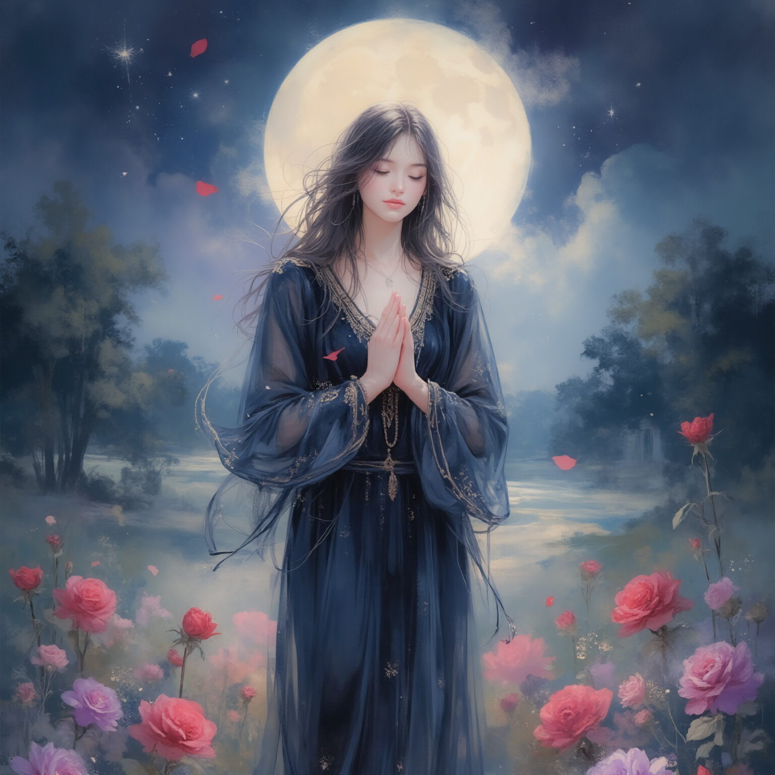 AIイラストのプロンプト - TensorArt：Prayer Under the Moonlit Roses