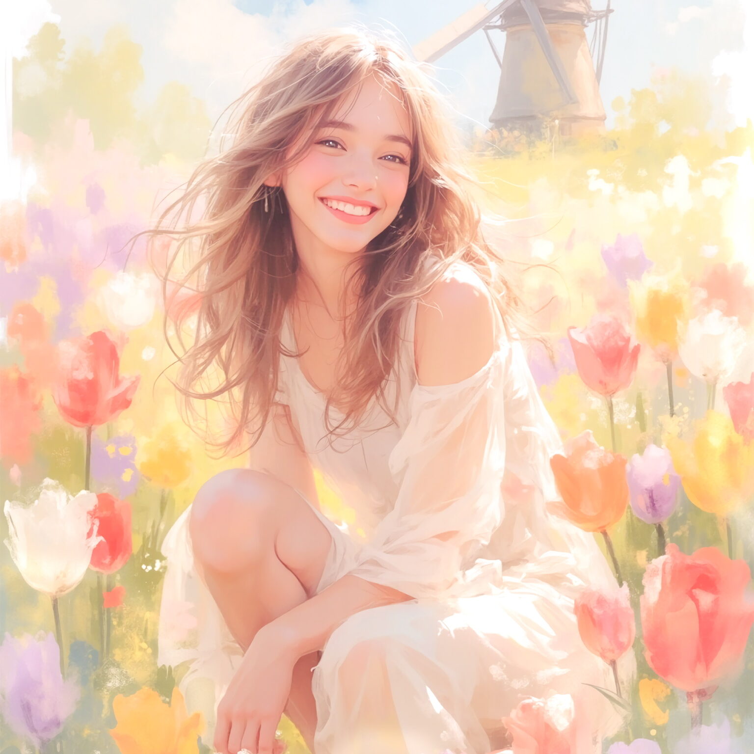 AIイラストのプロンプト - TensorArt：Tulips in the Whispering Wind