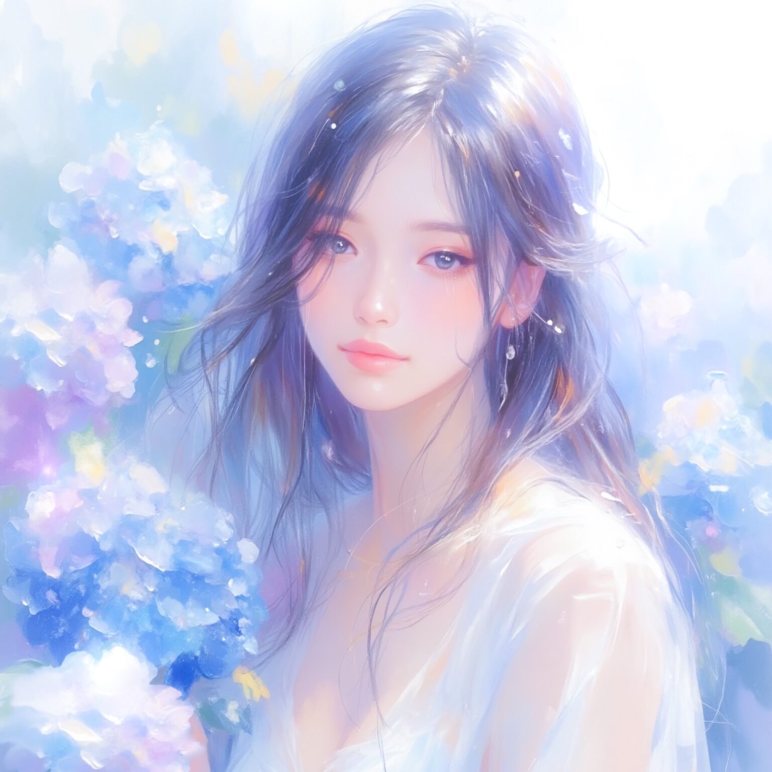 AIイラストのプロンプト - TensorArt：Gaze Beneath the Rain and Hydrangea