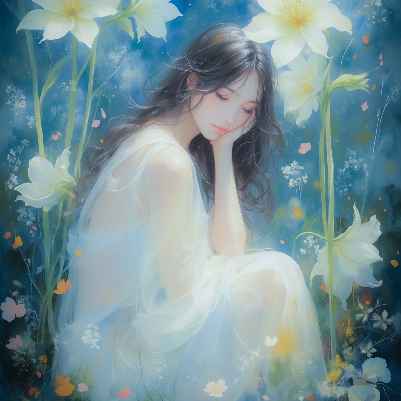 AIイラストのプロンプト - TensorArt：Blooming Beneath the Moon, Weeping Within