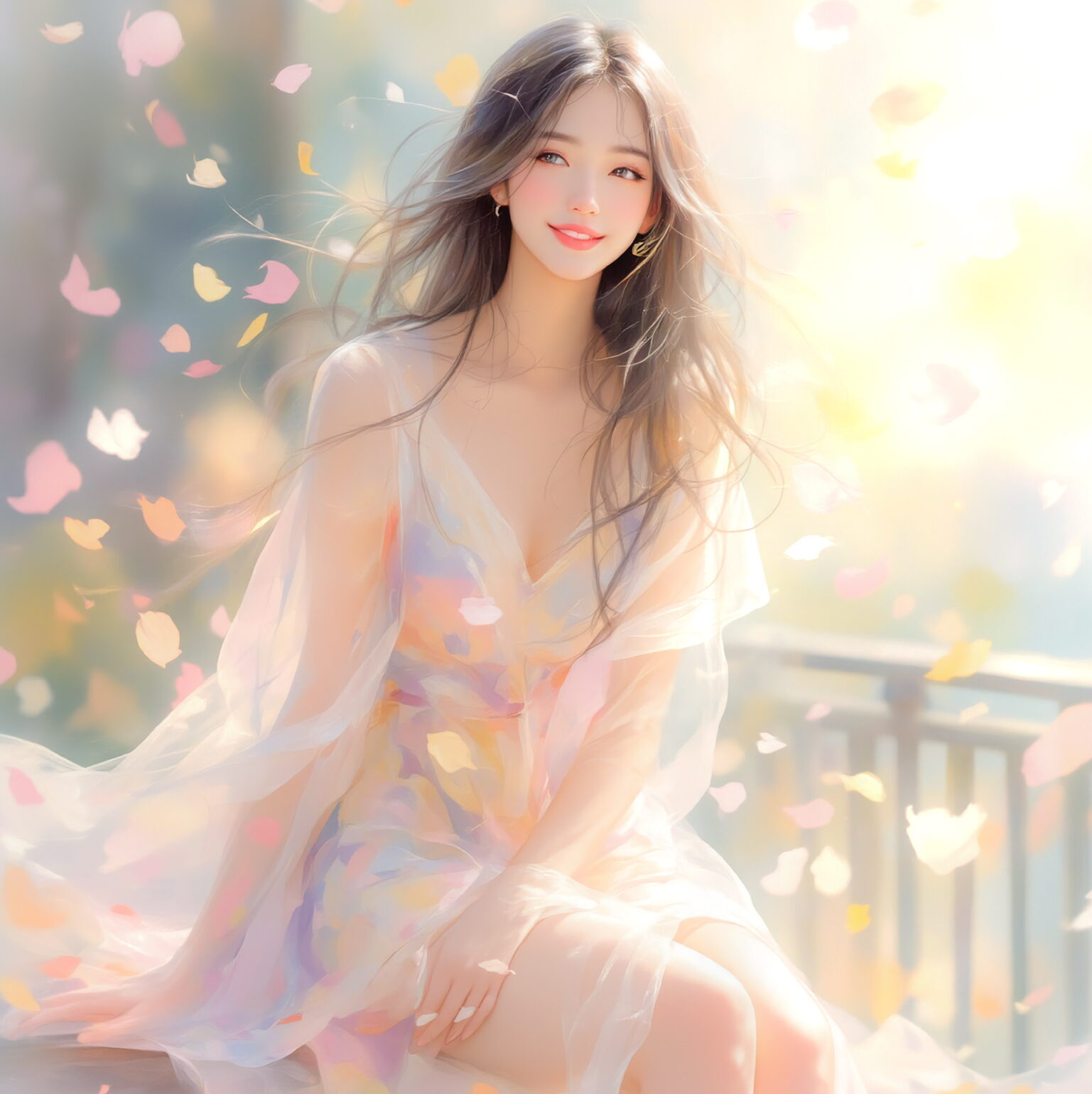 AIイラストのプロンプト - TensorArt：Graceful Afternoon with Petals in the Breeze