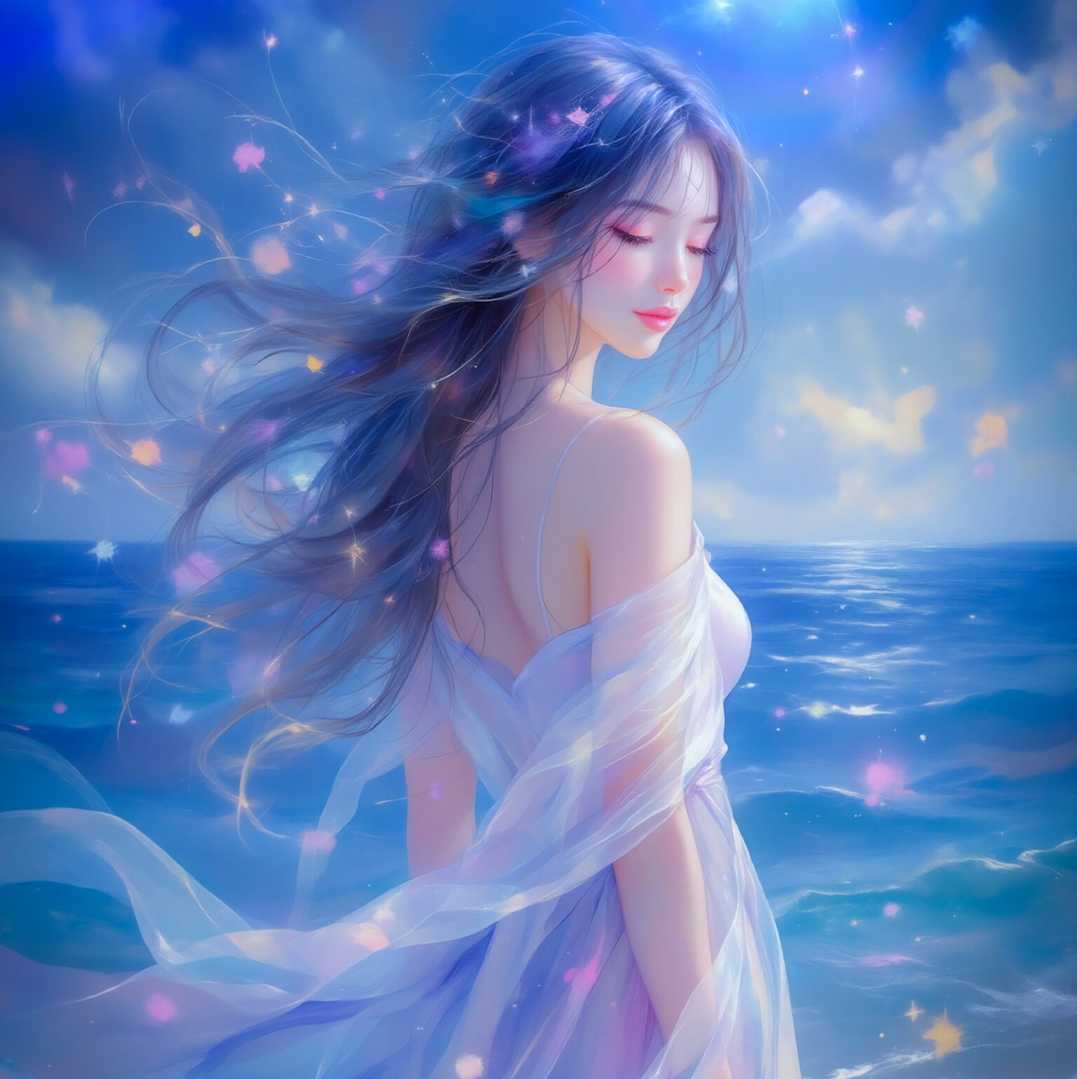 【AIイラスト】Where the Stars Touch the Sea：星と海が溶け合う幻想的な女性｜TensorArt作品紹介