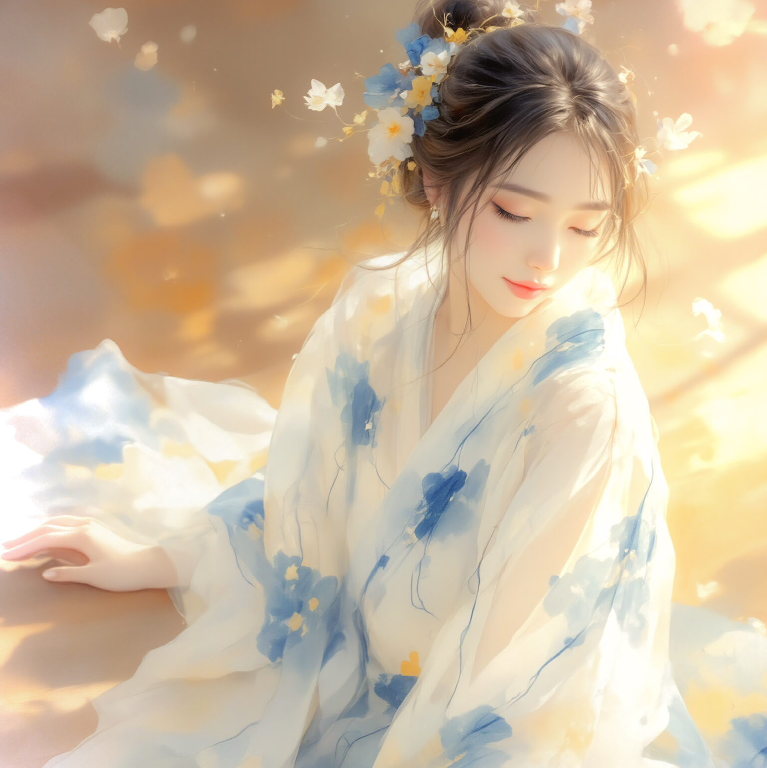 【AIイラスト】Repose beneath Blue Blossoms：浴衣姿の静けさを座して描く｜TensorArt作品紹介
