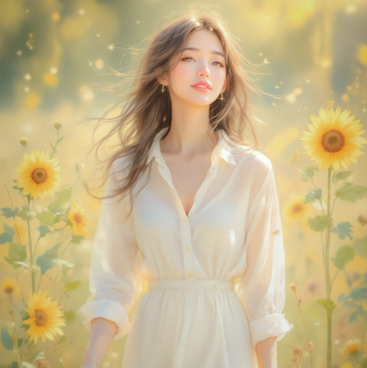 【AIイラスト】Sunlit Dreams in the Field：ひまわり畑に輝く水彩画風の女性｜TensorArt作品紹介