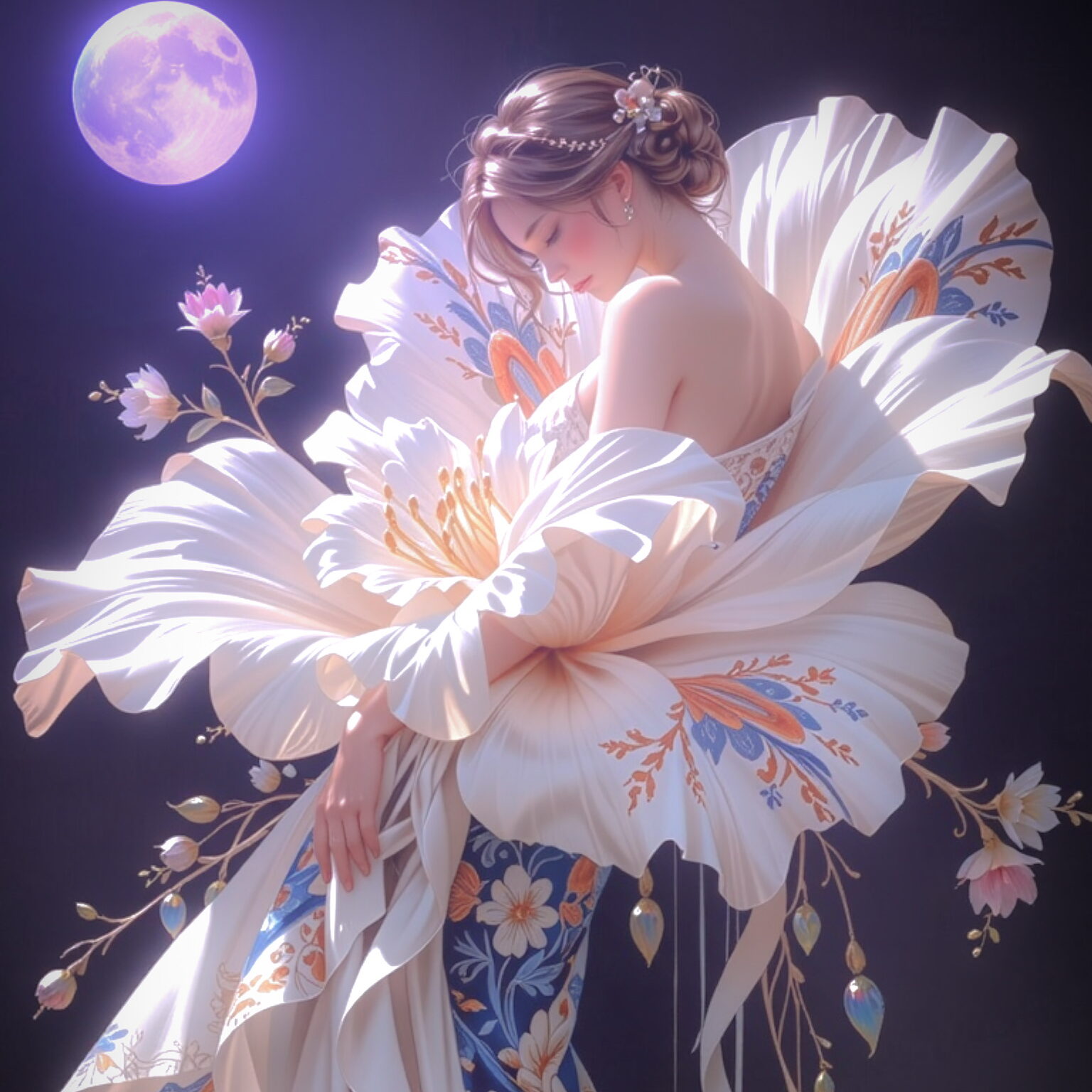【AIイラスト】Moonlit Porcelain Bloom：月明かりに咲く幻想的な花衣の女性｜TensorArt作品紹介