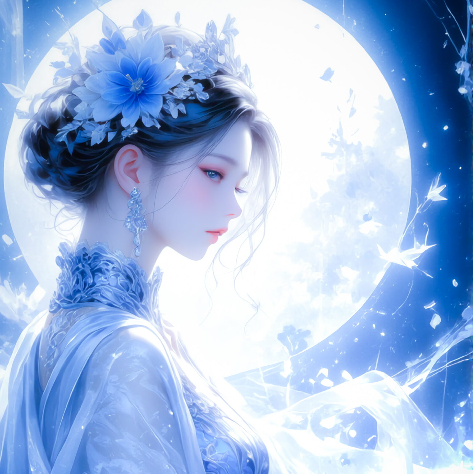 【AIイラスト】Frozen Moonlight：氷の花と月明かりに包まれた透明感水彩美女｜TensorArt作品紹介