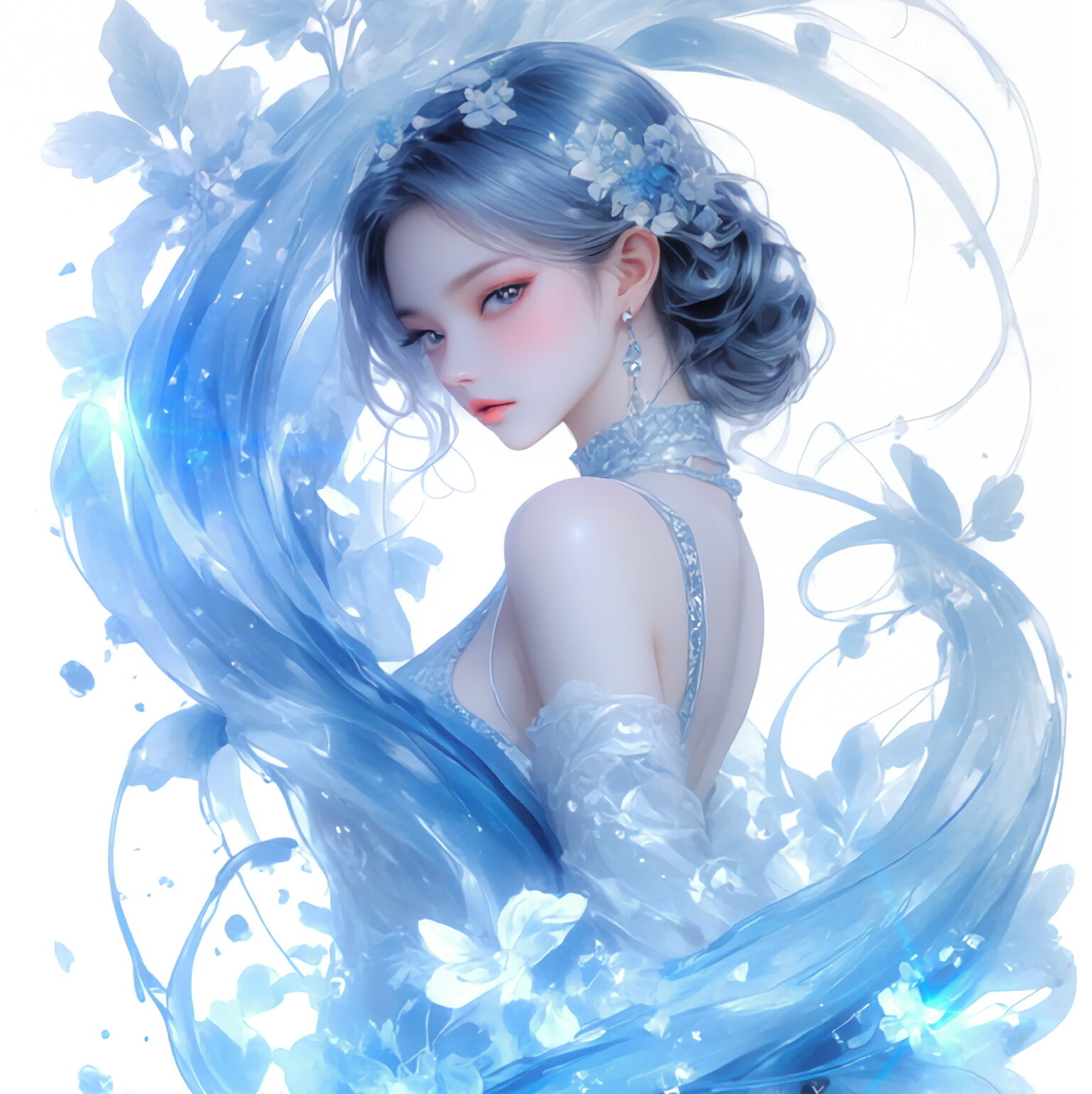 【AIイラスト】Frozen Grace：氷の花びらに包まれた透明感水彩美女｜TensorArt作品紹介