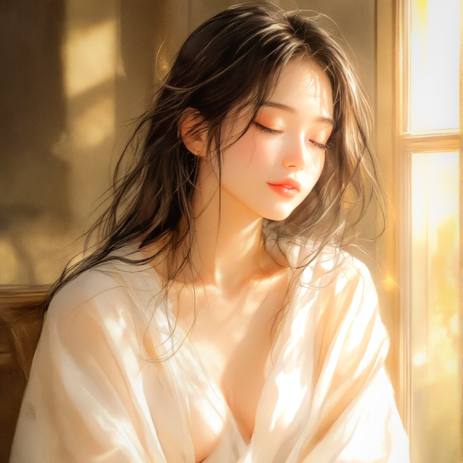 【AIイラスト】Morning Embrace of Light：シーツにくるまれた女性の朝の静けさ｜TensorArt作品紹介