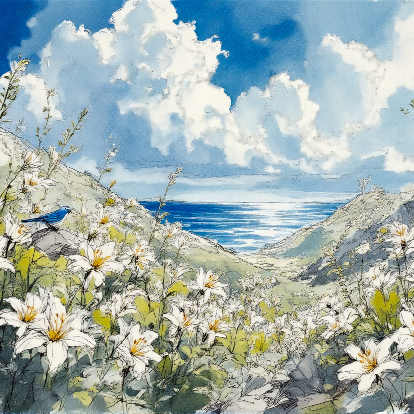 【AIイラスト】Hill of Lilies and the Summer Sea：夏の丘と海の情景｜TensorArt作品紹介