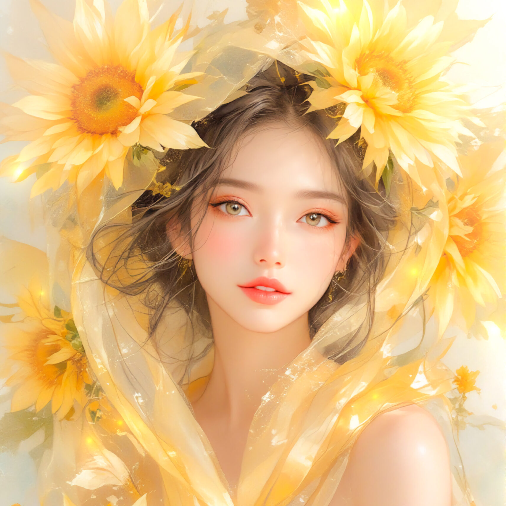 【AIイラスト】Sunlit Elegance：爽やかなひまわりに包まれる女性｜TensorArt作品紹介