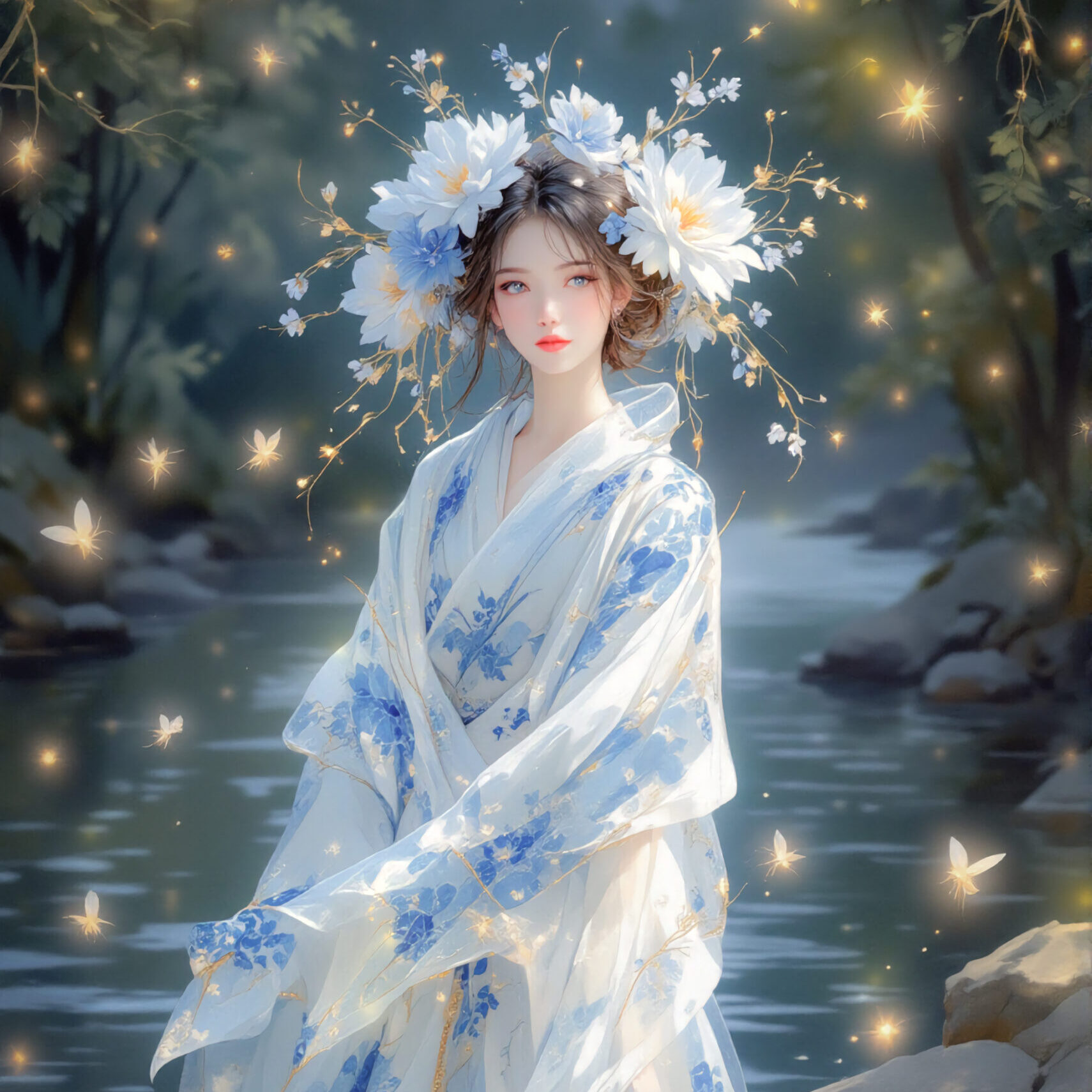 【AIイラスト】Firefly Serenade by the Riverside：蛍舞う涼夜の幻想｜TensorArt作品紹介